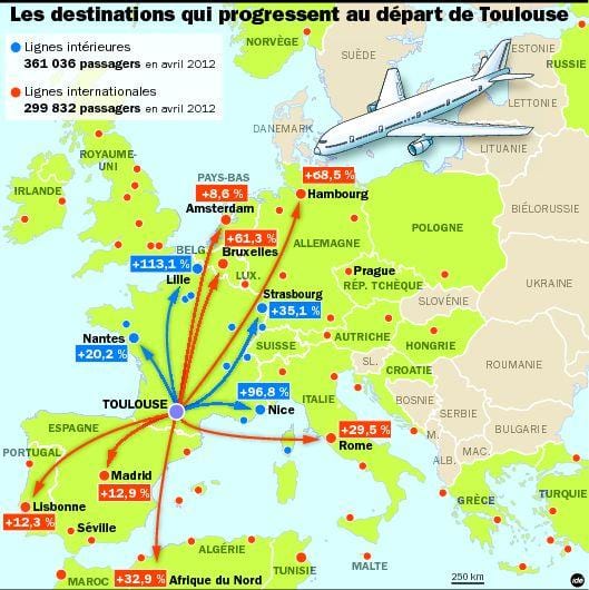mapa de Tolosa destinacions de l'aeroport de