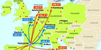 Mapa de Tolosa destinacions de l'aeroport de
